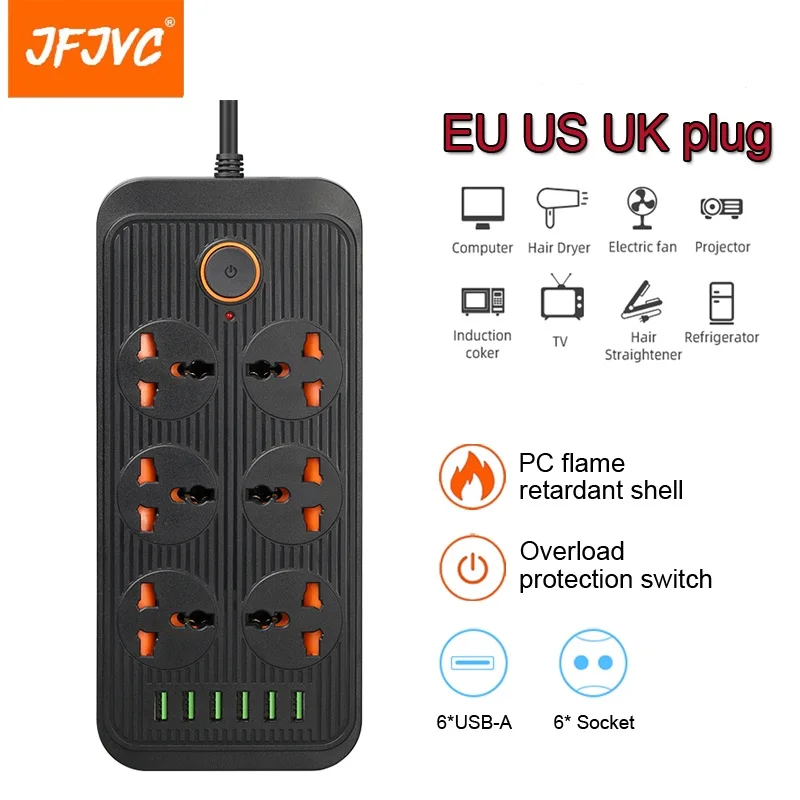 

Штепсельная Вилка JFJVC для ЕС, Великобритании, США, 6 розеток переменного тока, 6 портов USB для быстрой зарядки, 3,1 А, 2 м, Удлинительный шнур, адап...