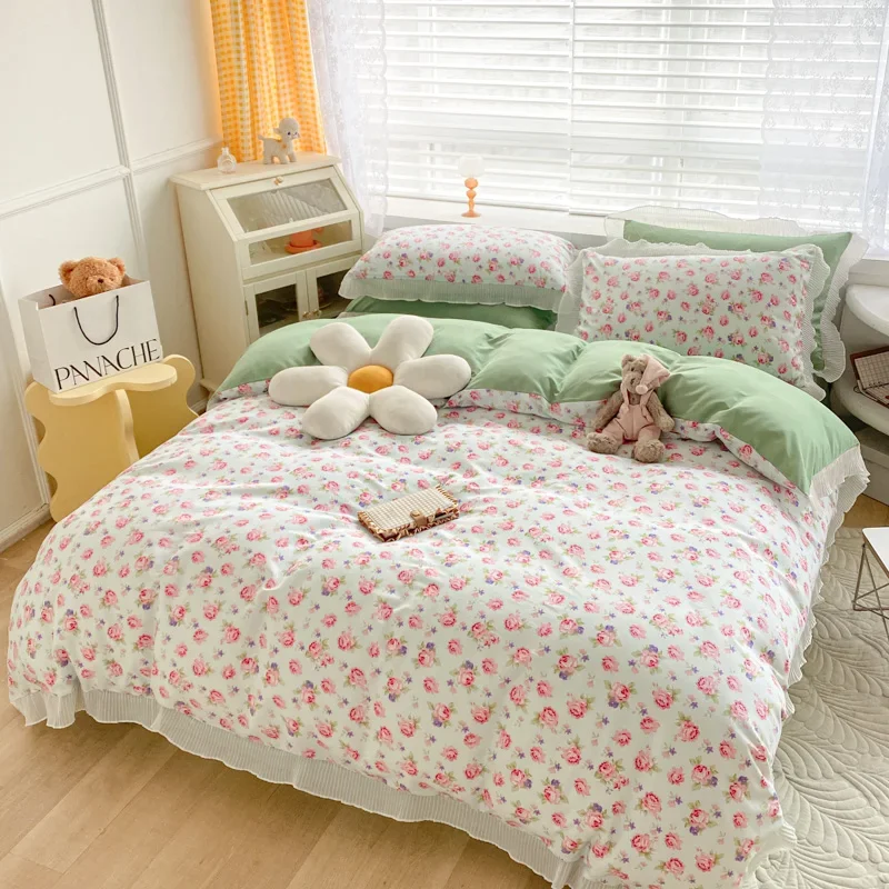 

Pink Floral Green Water Wash Polyester Bed Sheet Duvet Cover Pillowcase Four-piece Spring Summer Bedding Set Bed Shirt M075-9