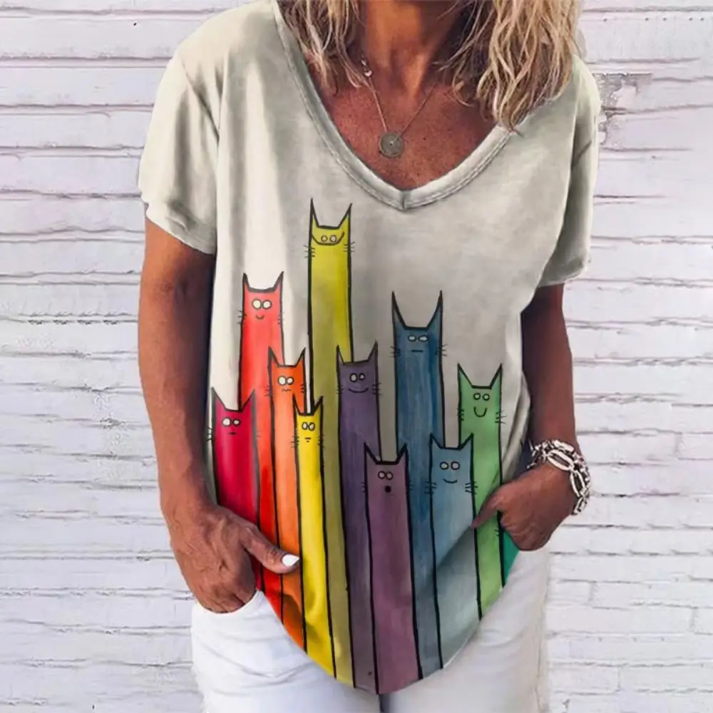 Fashion Woman Blouses 2023 T-shirt Women\'s 3d Clown Print Color Skull V-neck T Shirt Female Clothing Oversized Summer Tops Tees