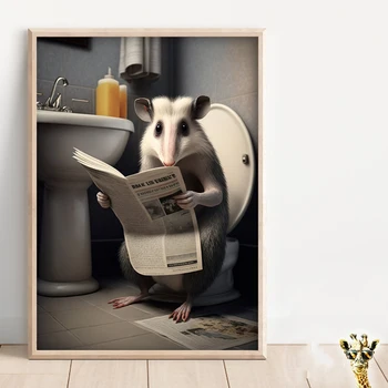 Badger Bat Owl Bathroom Wall Cute Funny Animal Poster Print Tub Toilet Humor Canvas Painting Reading Newspaper Room Home Decor 4