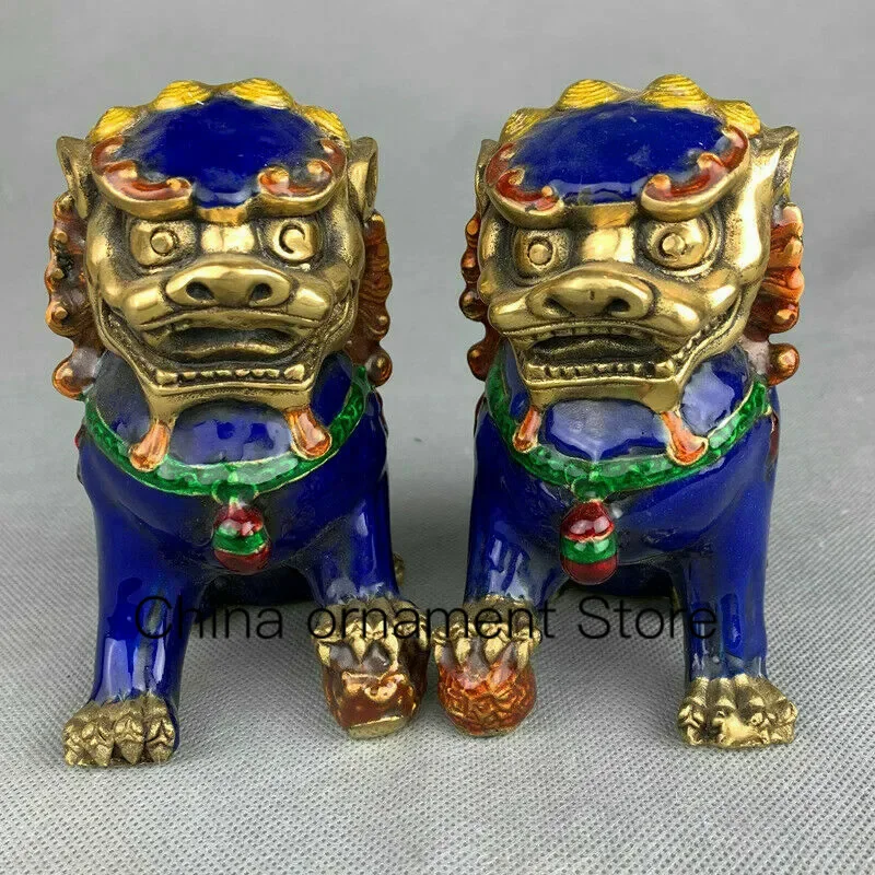 

4.7" China Fengshui Cloisonne Enamel Bronze Foo Fu Dog Guardion Lion Statue Pair