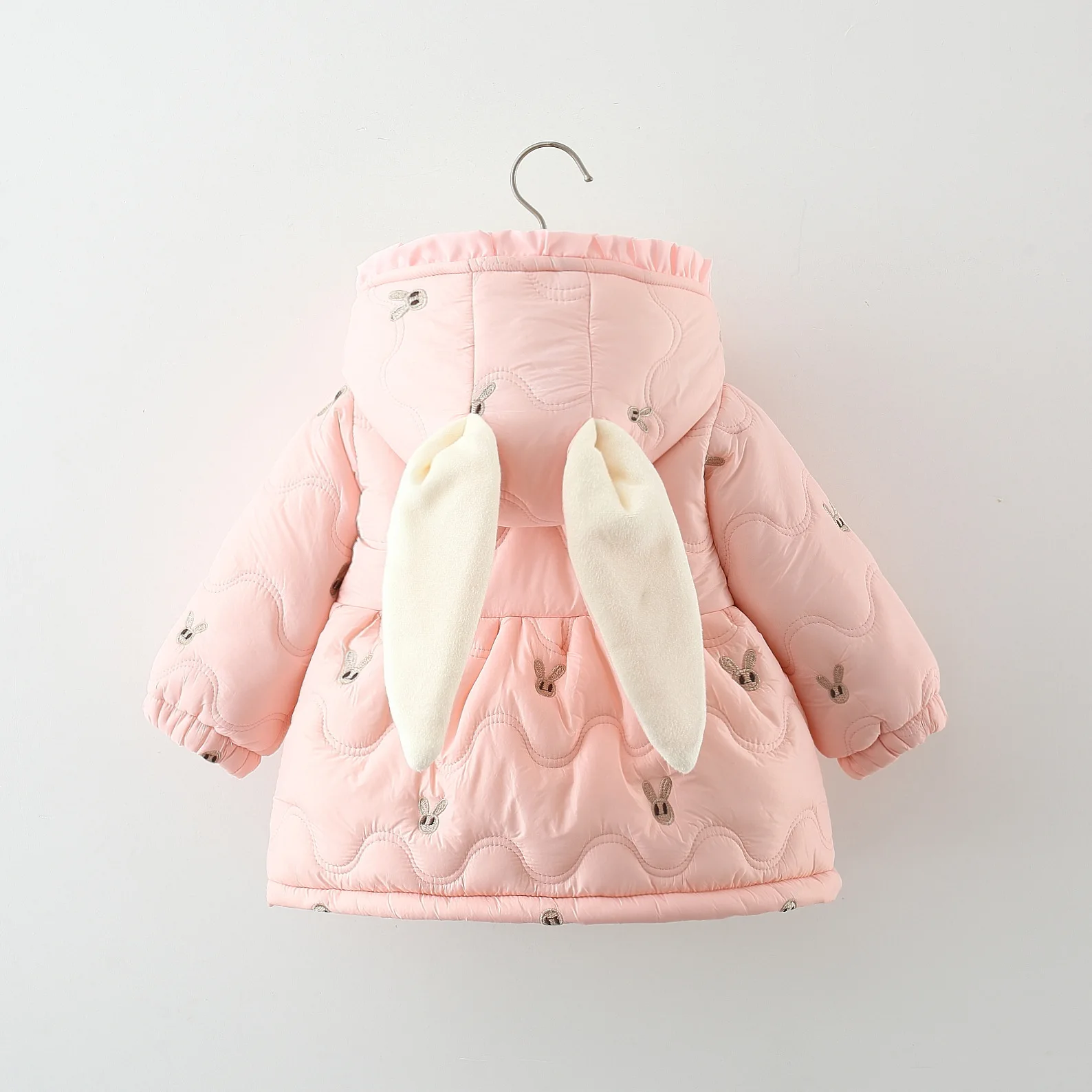 The New Winter Girls' Coat with Hat Flower Edge This Rabbit Print Warm and Fleece Warm Long Sleeve Coat + Diagonal Bunny Bag