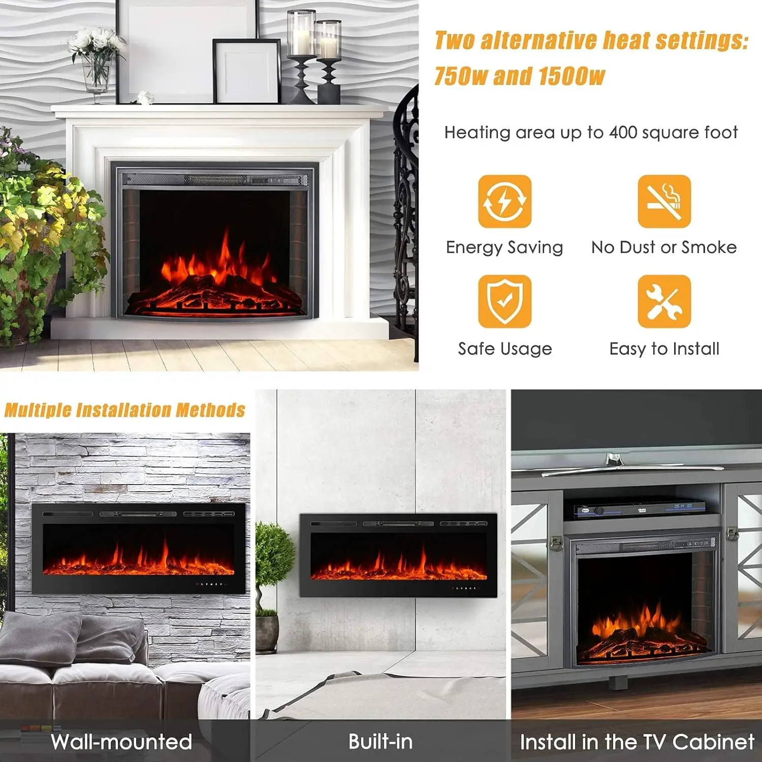 Fireplaces-60 Inch-Recessed and Wall Mounted Fireplace- Insert Heater LED Fire Place-Remote Control & Touch