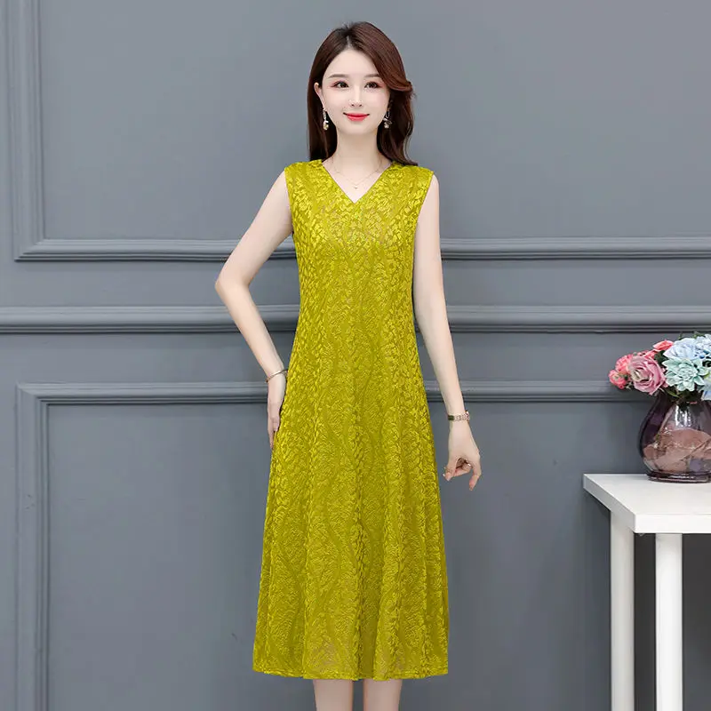 

V-neck Sleeveless Dress Women High-grade Suspender Vest Western Style Long Stretch Casual Jacquard Skirt