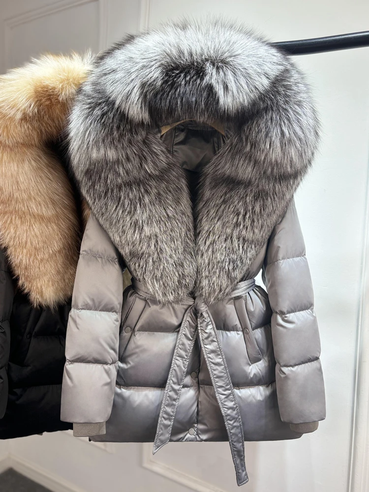 2025 Luxury Winter Large Natural Silver Fox Fur Hooded 90% Goose Down Jacket Women Thickened Warm Coat Waterproof Belted Parkas