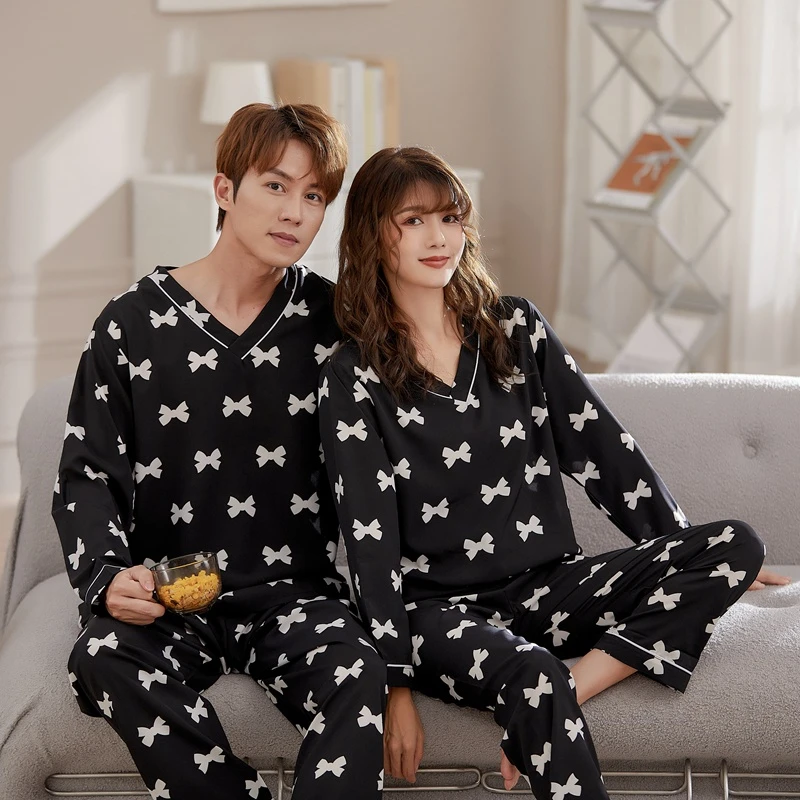 Spring couple pajamas long-sleeved suit silk cotton household clothes women's V-neck pullover simple casual men's thin pajamas