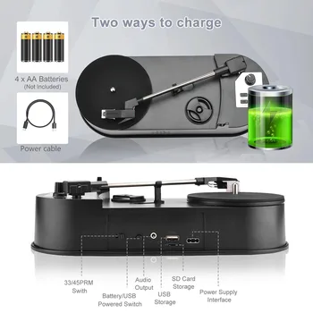 Portable Phonograph 33/45RPM Turntable Player Converter Save Vinyl Music Records to MP3 TF Card/USB Built in Speaker No Need PC 3