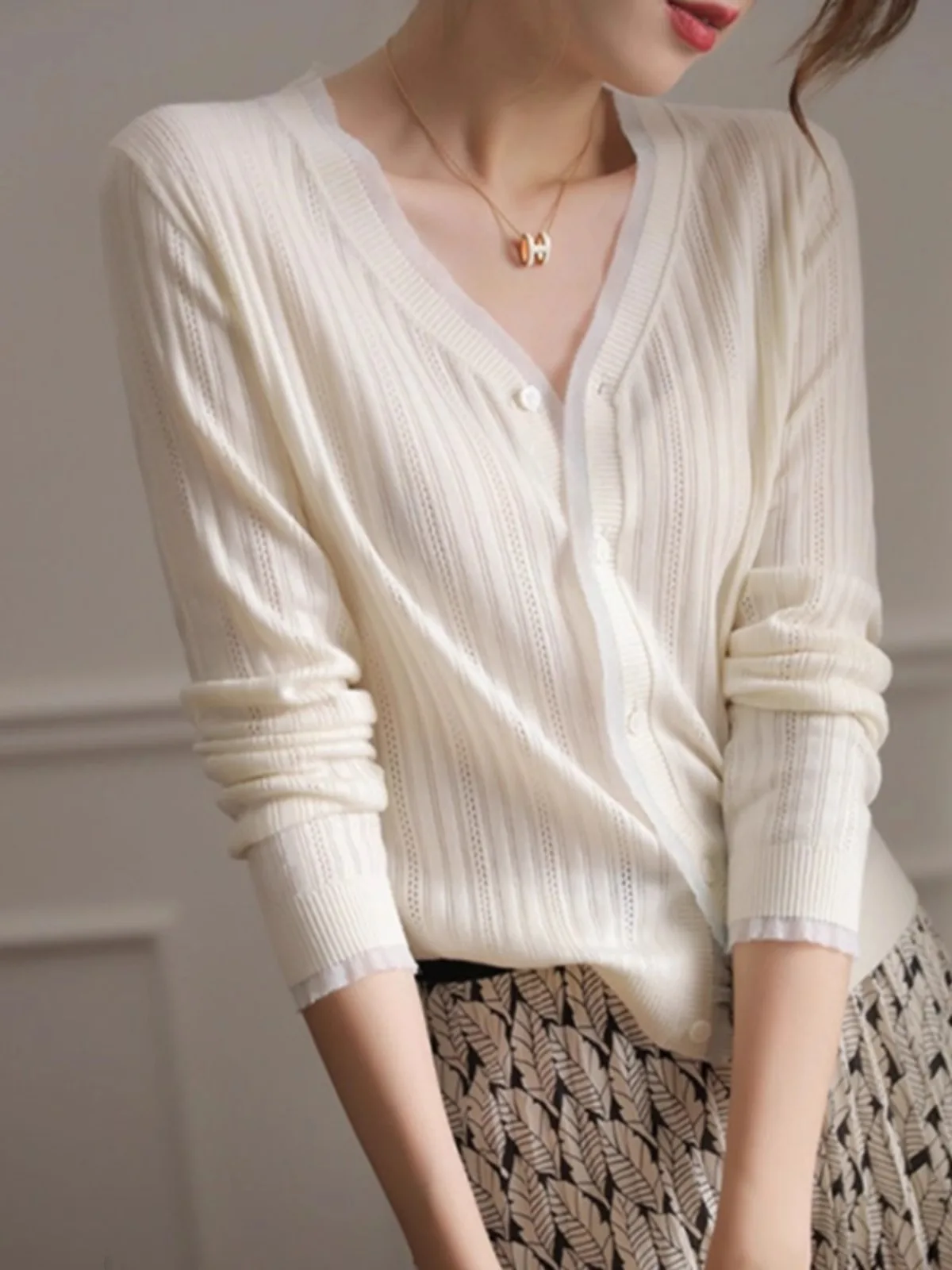 여성 레이스 브이넥 캐시미어 니트 가디건, 슬림한 울 코트, 우아한 용수철