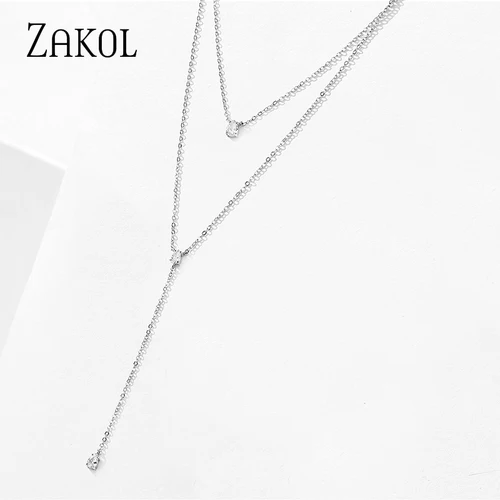 ZAKOL 여성용 원형 더블 레이어 쇄골 초커 목걸이, 기하학적 큐빅 체인 목걸이 쥬얼리, 패션 3
