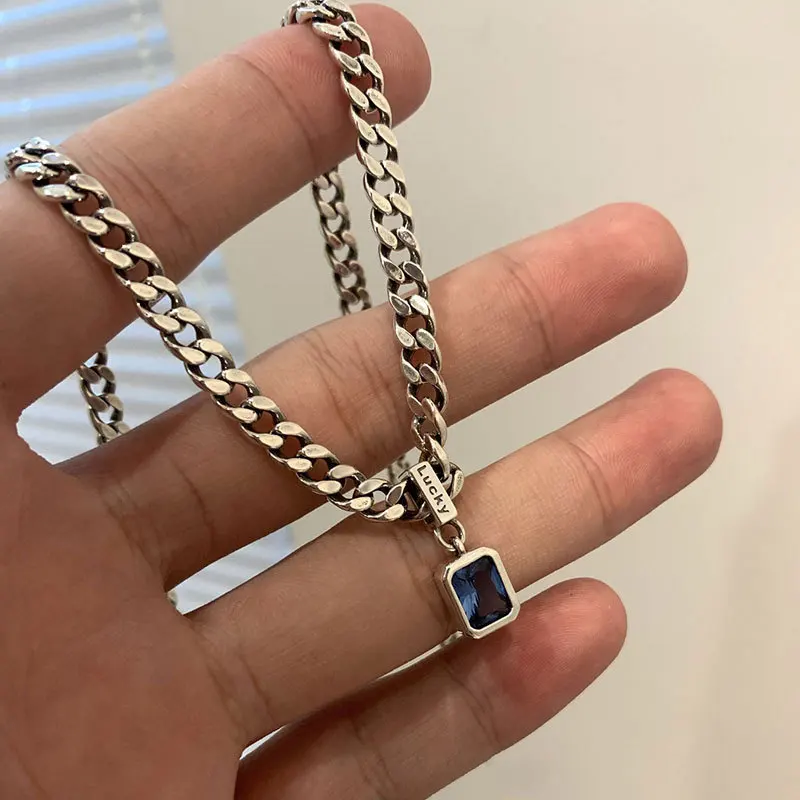 Silver Necklace 925 Sterling Square Blue Zirconia Cuban Type Choker Matching Party Gift Exquisite Women's Jewelry