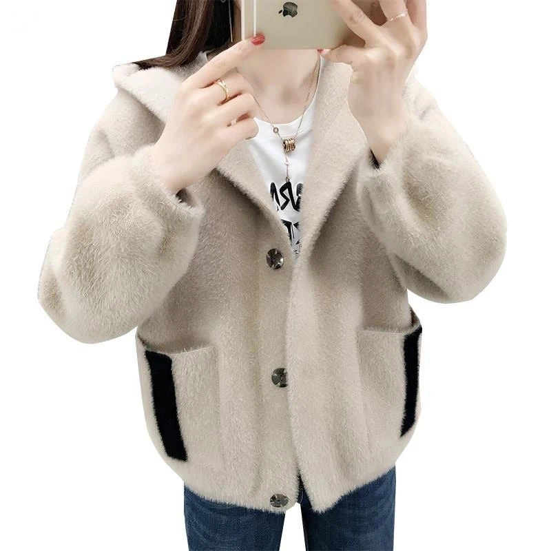 

2023 New Women imitate Mink Velvet Coat Cardigan Women's Autumn Winter Loose Hooded Student Casual Woolen Coat Female Jacket