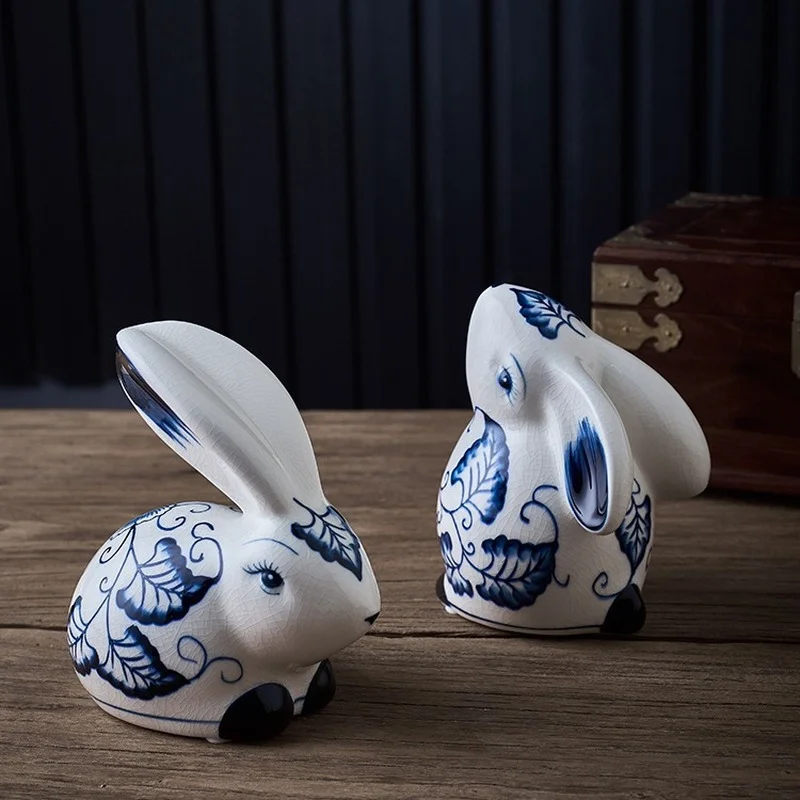 Esultura De Conejo De Porcelana Azul Y Blanca, Artesania De Animales De Cermica De Simulaciion, Regalos De Decoraciion Del Hogar