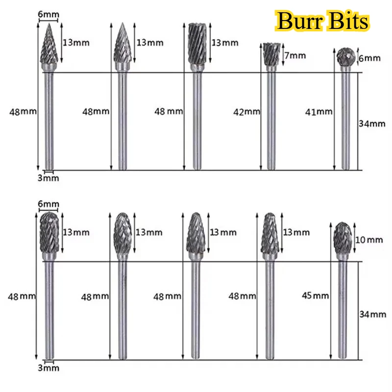 Die Grinder Shank Rotary Burr 10 Pcs/set 6mm Tungsten Carbide Single/Double Cut Rotary Point Burr 1/8" Shank Fit Rotary Tools
