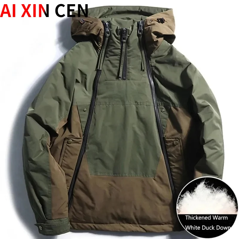 

Functional Winter Double Zipper Design Down Jacket Mens White Duck Down Warm Coat Stitching Color Hoode Windproof Parka Male