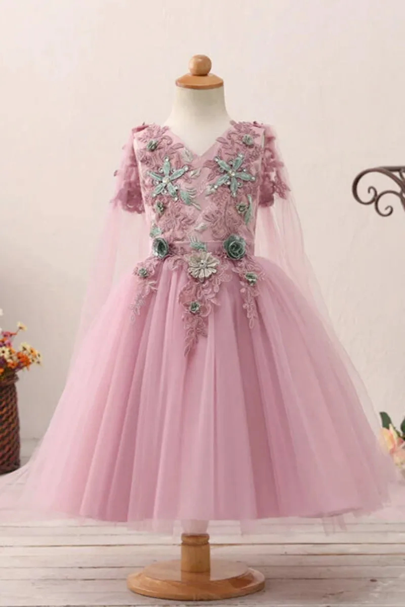 

Flower Girl Dress Pink Puffy Tulle Cute Floral Appliques With 3D Flower Fit Wedding Party Birthday Gowns