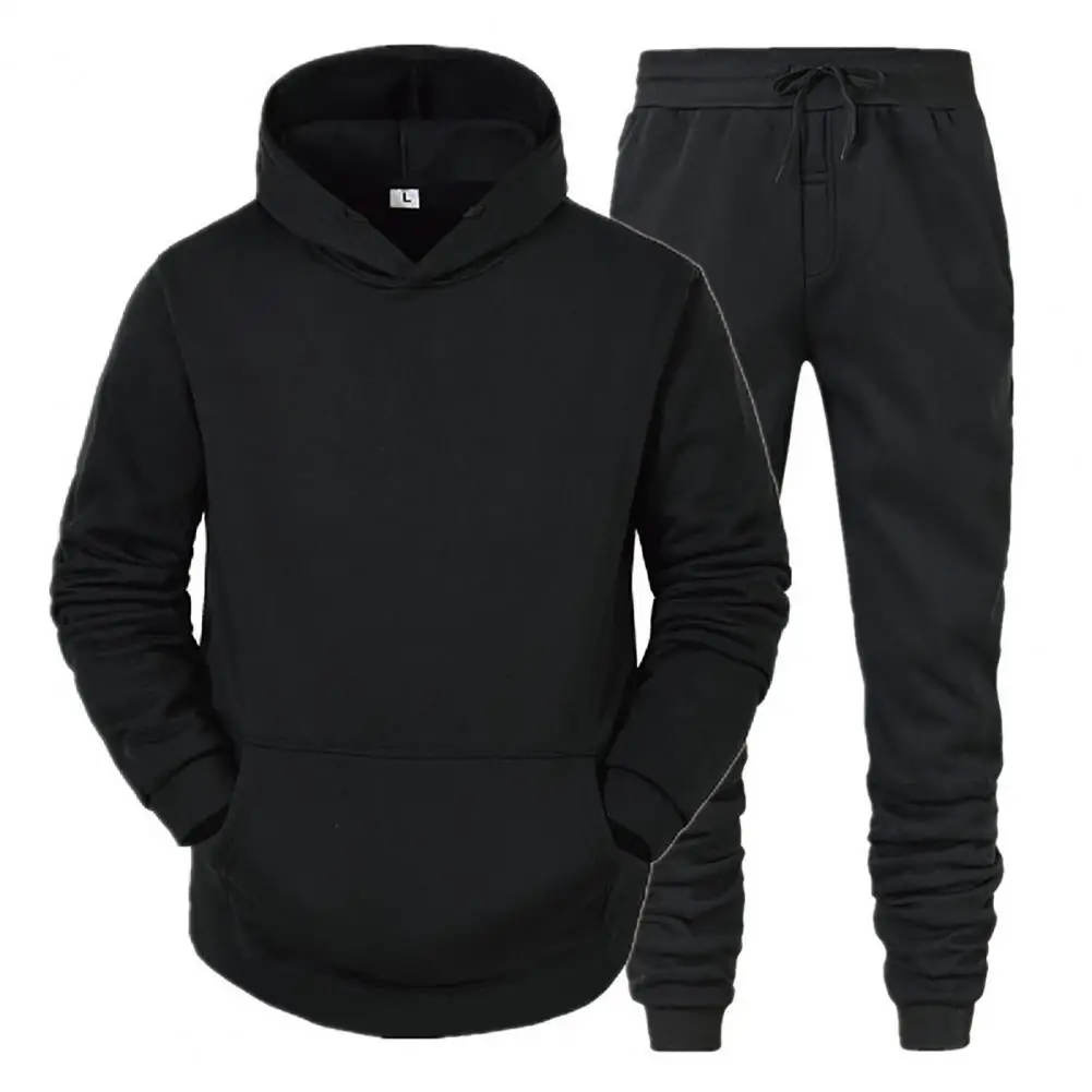 

2Pcs/Set Long Sleeve Mid-rise Sportswear Set Men Winter Solid Color Tracksuit Pockets Hooded Sweatshirt Pants Set Daily Clothing