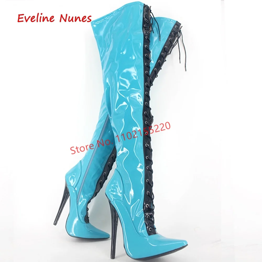 

Blue Sexy Over The Knee Boots Women's Patent Leather Side Zipper Pointed Toe Stiletto 18cm Heel Fashion Plus Size Elastic Shoes