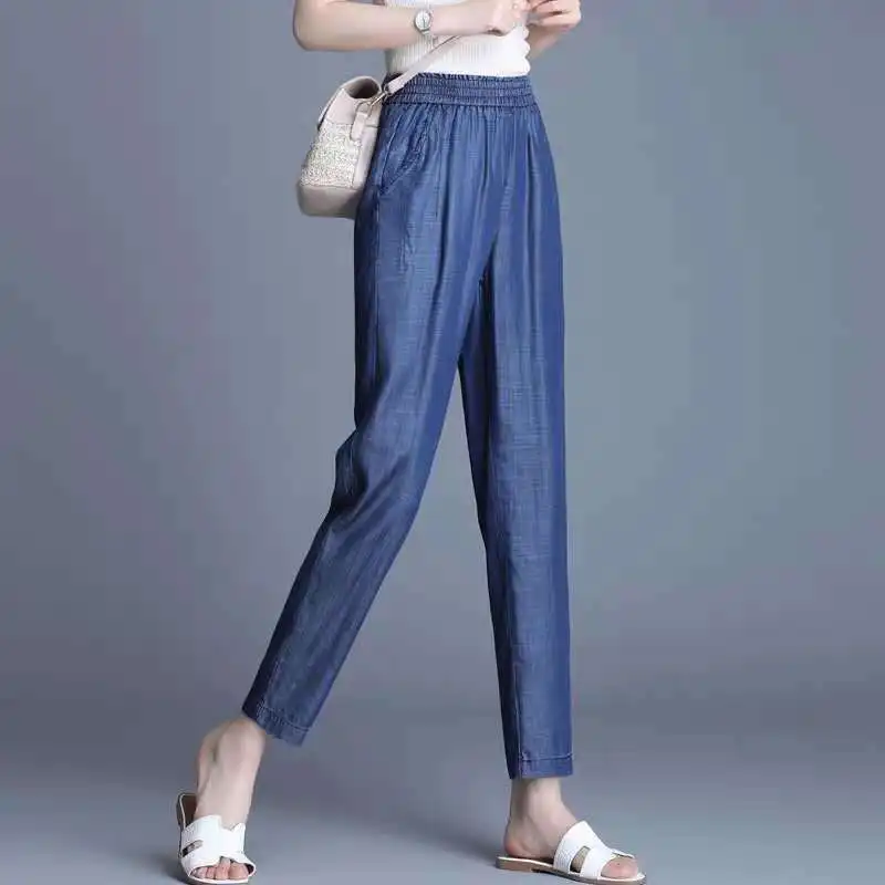 2023 New Summer Fashion Simple Elastic High Waist Thin Panel Pocket Casual Loose Solid Color Women's Versatile Ice Harlan Pants
