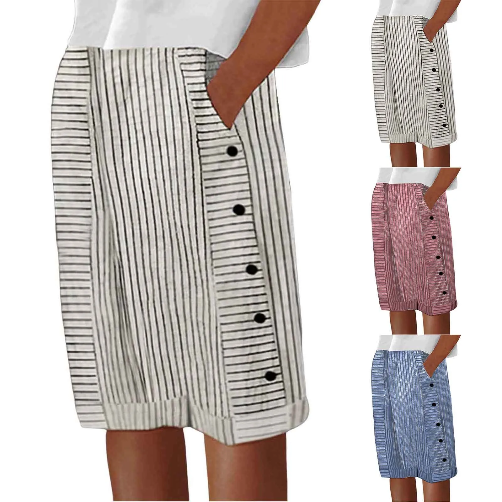 

Женские повседневные универсальные брюки, летние модные полосатые укороченные брюки на пуговицах с принтом, Дамская уличная одежда с эластичным поясом, офисные брюки