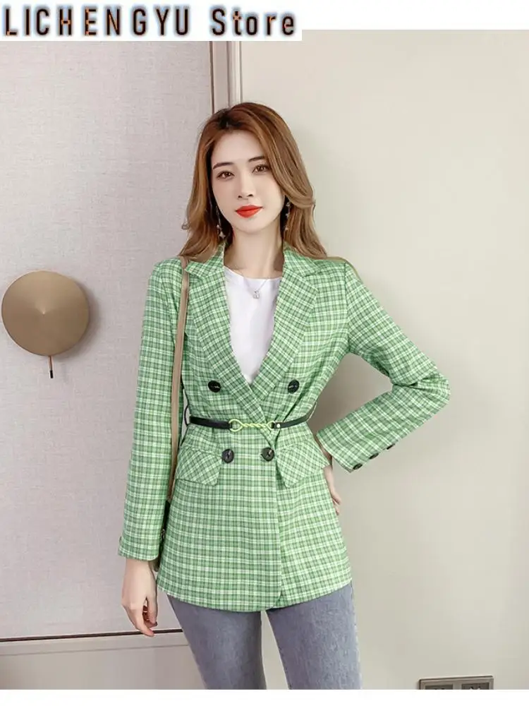 New Women Plaid Blazers Spring Fashion Green Jacket Coat Female Elegant Double Breasted Blazer with Belt Ladies Tops