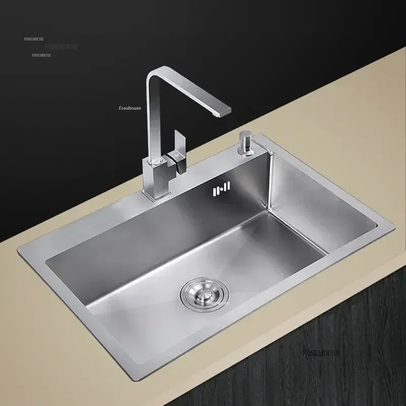 304 Stainless Steel Kitchen Sinks Single-slot Thickened Kitchen Accessories Wash Basin Built-in Countertop Lower Basin T