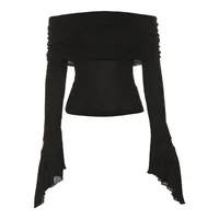 Y2k Aesthetic Simple Fashion Women's Tee Shirts Slash Neck Long Sleeve Solid Casual T-Shirts Vintage Off Shoulder Trendy Tshirts 6