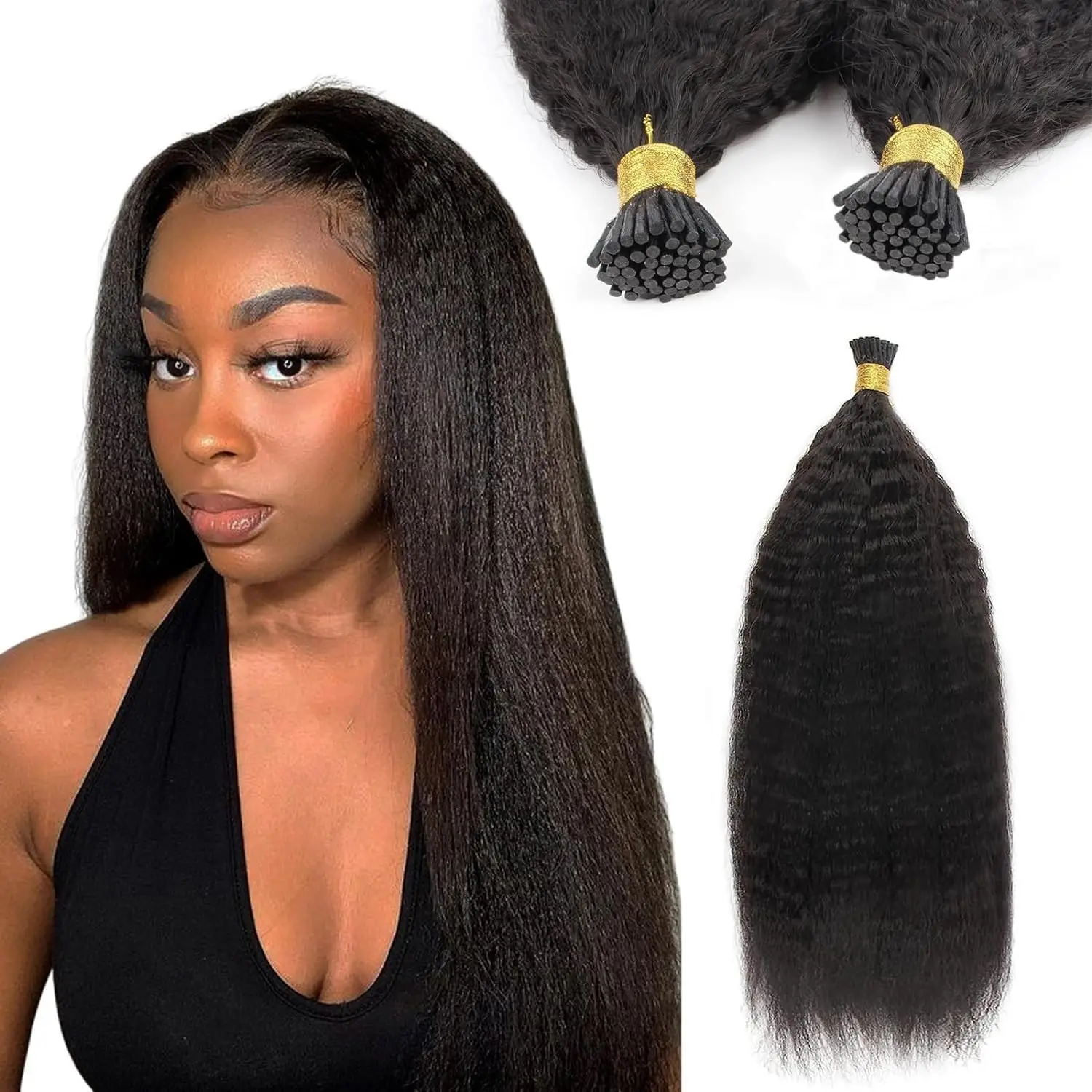 I Tips Kinky Straight Itip Human Hair Extensions for Black Women Natural Black I-Tip Extensions For Thin Hair 50grams 50strands