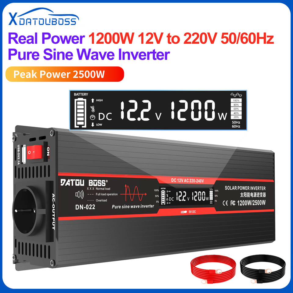 DATOUBOSS Inverter Pure Sine 12v 220v Continuous 1200W, Peak 2500W, LCD Screen, Fan, EU Socket, Inverters 12v to 220v 50/60Hz