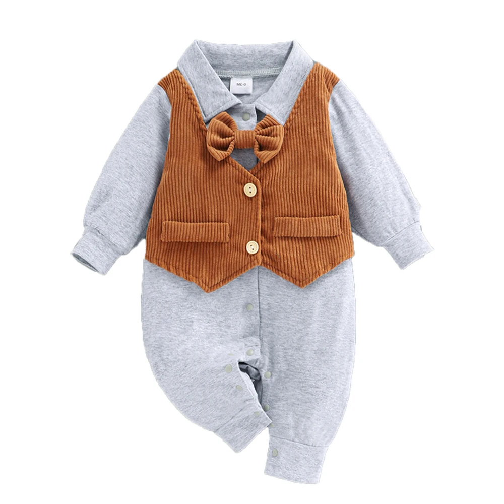 

Cotton Romper Newborn Baby Boy Clothes 0 3 Months Soft Button Long Sleeve Jumpsuit Patchwork Vest Outfits Gray Black Brown