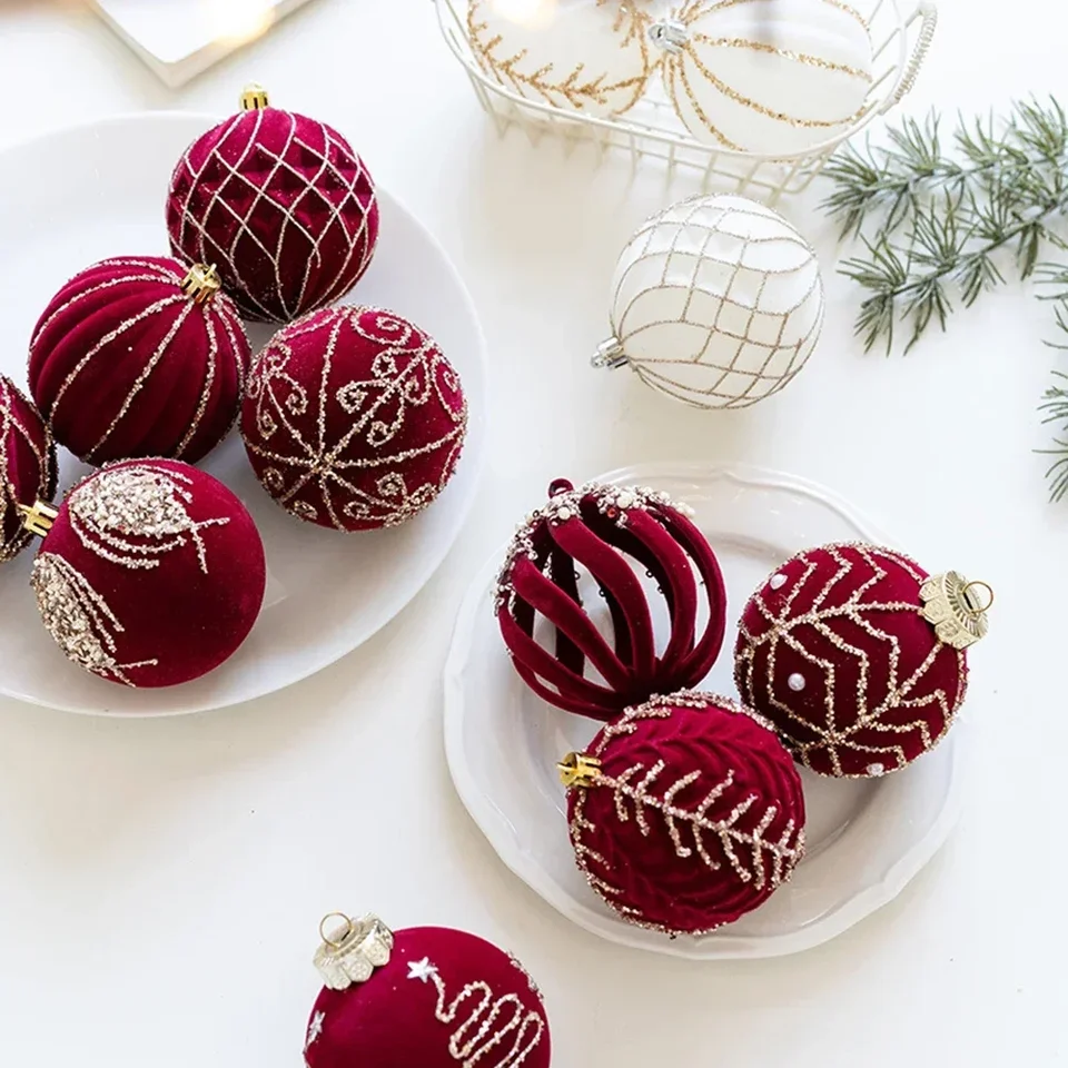 Set Palline Natalizie In Velluto Satinato – 9 Pezzi, Diametro 8 Cm, Per Albero Di Natale (Rosso)