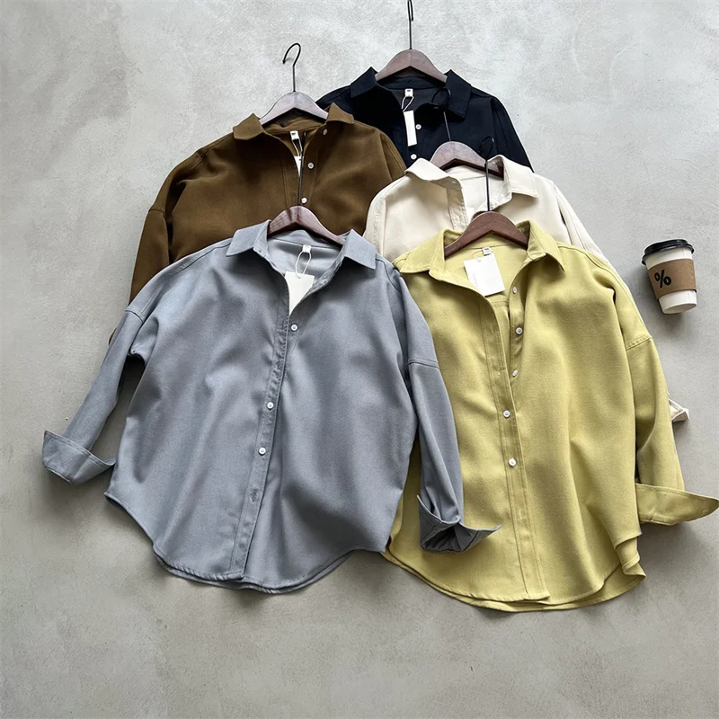 

BF Style Retro Brushed Shirt for Women's 2024 Spring Autumn Loose Fitting Long Sleeved Lapel Collar Button Clothing Korean New