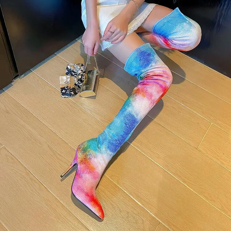 

Colours Rhinestone Women Over-Knee Boots Pointed Head Long Ladies Shoes Stiletto High Heels Botas Mujer Crystal Sapatos Feminino