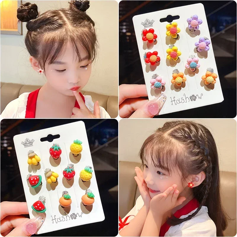10Pcs/set Cute Girls Earrings No Ear Hole Flower Ear Clip Child Earrings Jewelry Children Princess Birthday Kids Accessories
