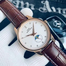  Mens Automatic Mechanical Watch Black Leather Moon Phase Gold 