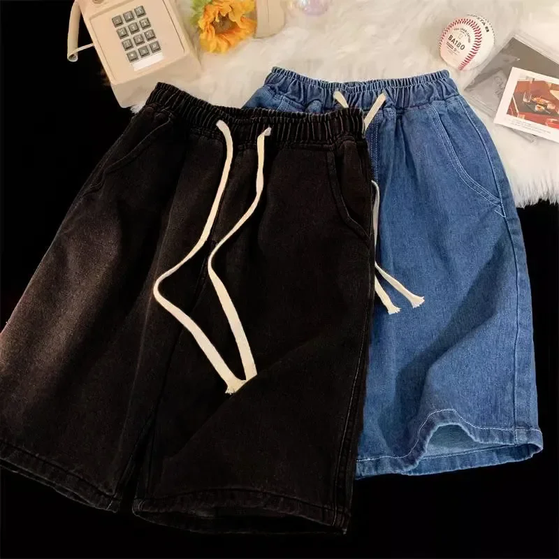 2025 New Korean Style Vintage Men's Jeans Summer Loose Male Wide Leg Knee Length Shorts New Washed Fashion Short Denim Pants 2
