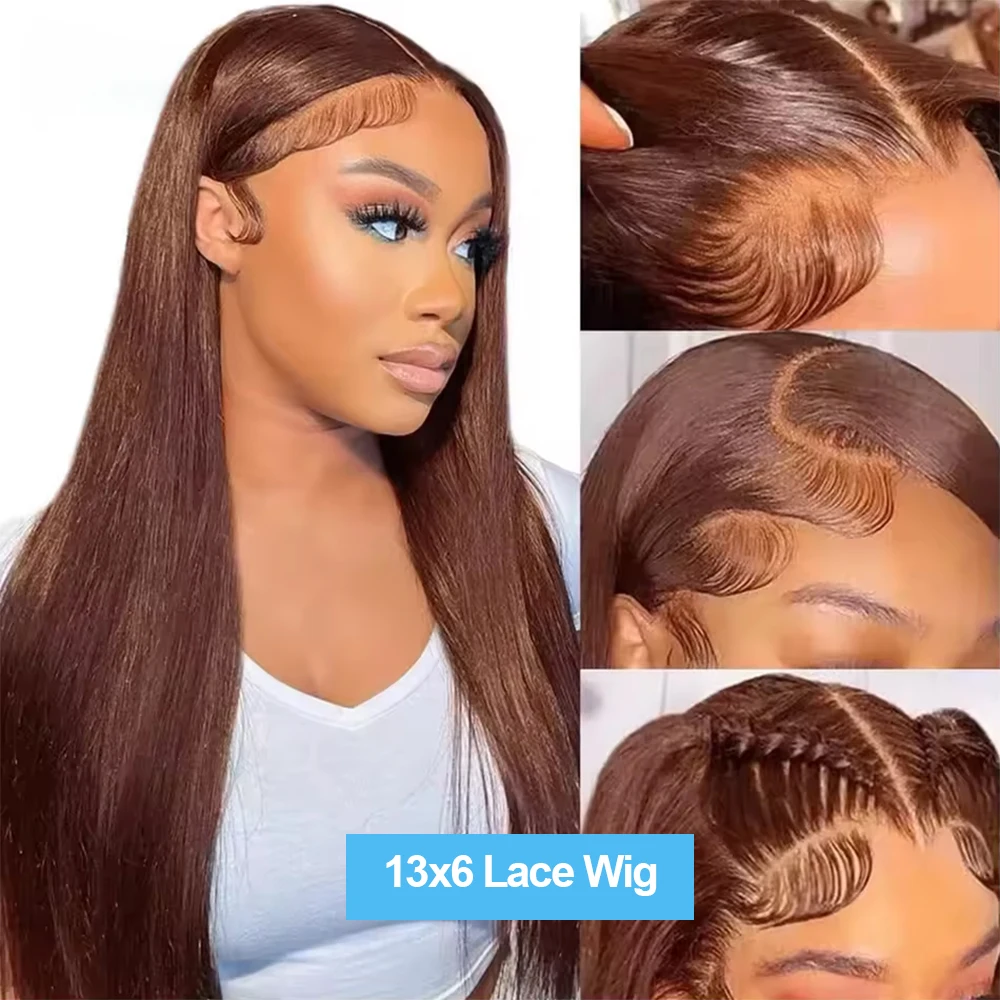 13x4 Schokoladenbraune Glatte Lace-Front-Perücken 100% Echthaar 13x6 Transparente HD Lace-Frontal-Perücken Vorgezupft Gefärbt # 4 Perücken – Detail 4
