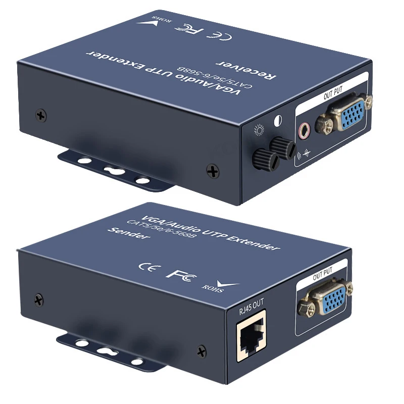 

1080P VGA to Rj45 Video Audio Extender Transmitter 100M 200M 300M via Cat5e/6 Cable With Audio Loop-out USB Keyboard Mouse