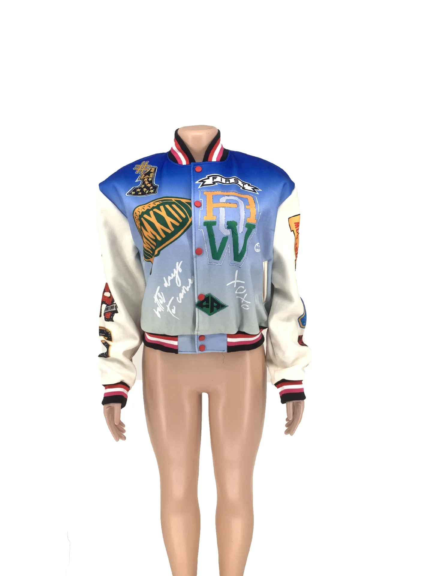 Varsity Jackets for Women Gradient Long Sleeve Printed Buttons Bomber Baseball Jacket 2023 Fall Fashion Streetwear Y2k Coat