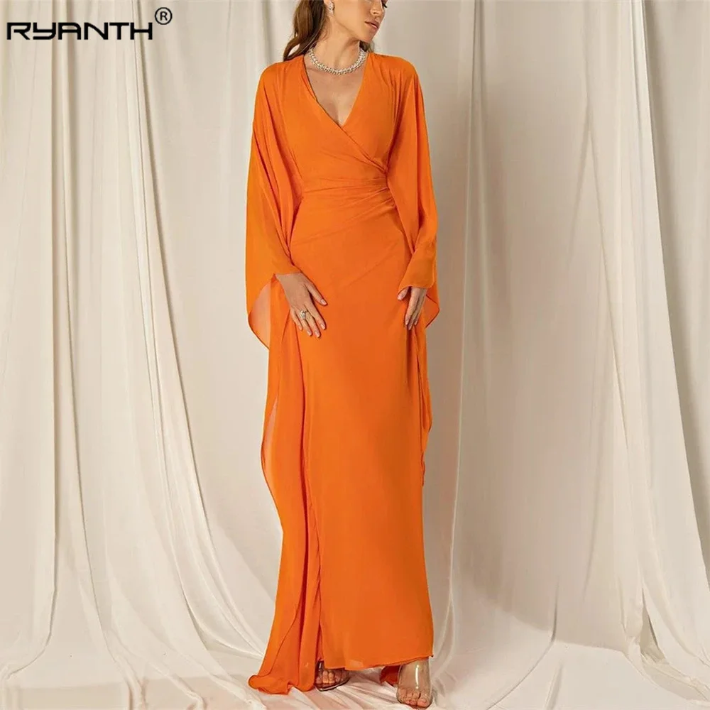 

Винтажное шифоновое вечернее платье Ryanth с длинным рукавом и V-образным вырезом в Дубае, Саудовская Аравия, оранжевое официальное платье-Русалка для выпускного вечера для женщин