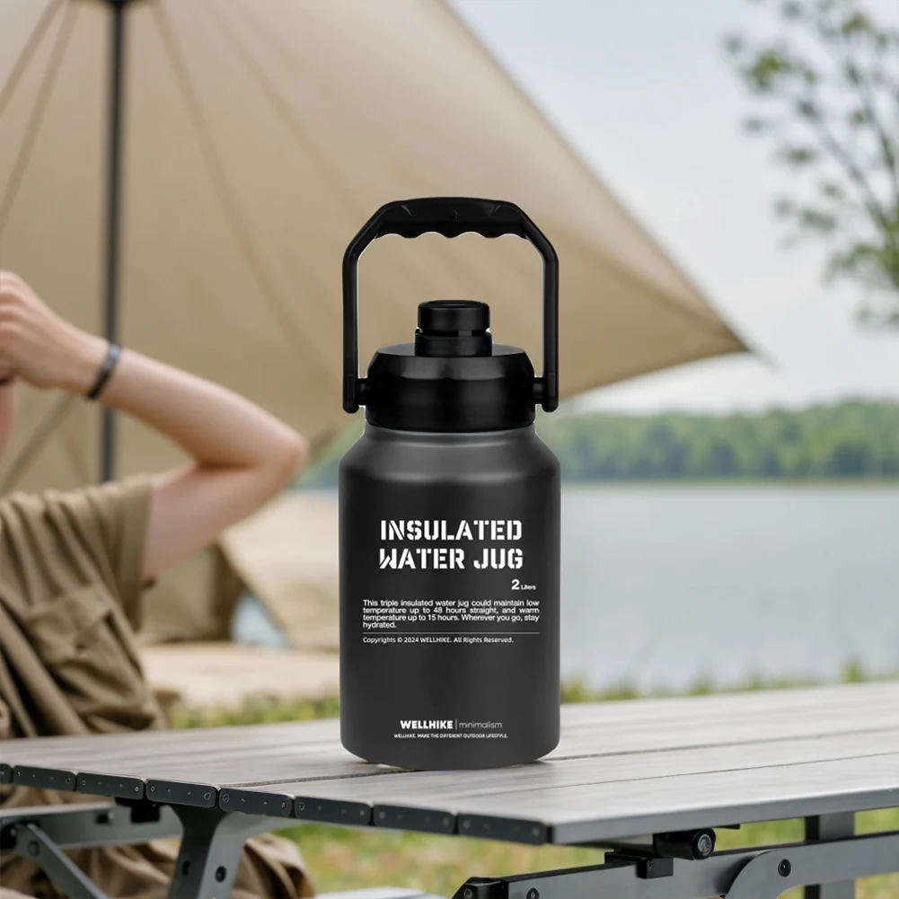 2L Insulated Water Bottle Handle Gym Training Water Bottle Stainless Steel Portable Cup Outdoor Sports