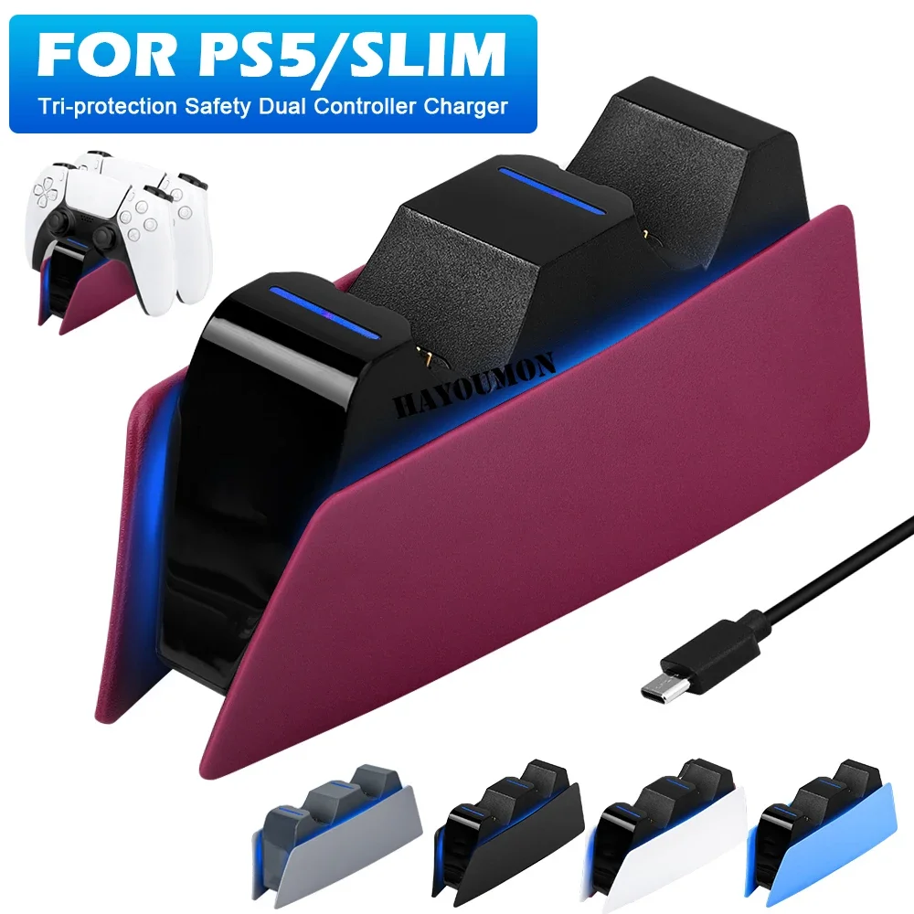 PS5 컨트롤러 충전 거치대 듀얼 고속 충전 스테이션 (5가지 색상) PS5 Type-C & PS5 Edge 게임 컨트롤러용 LED 표시등 포함
