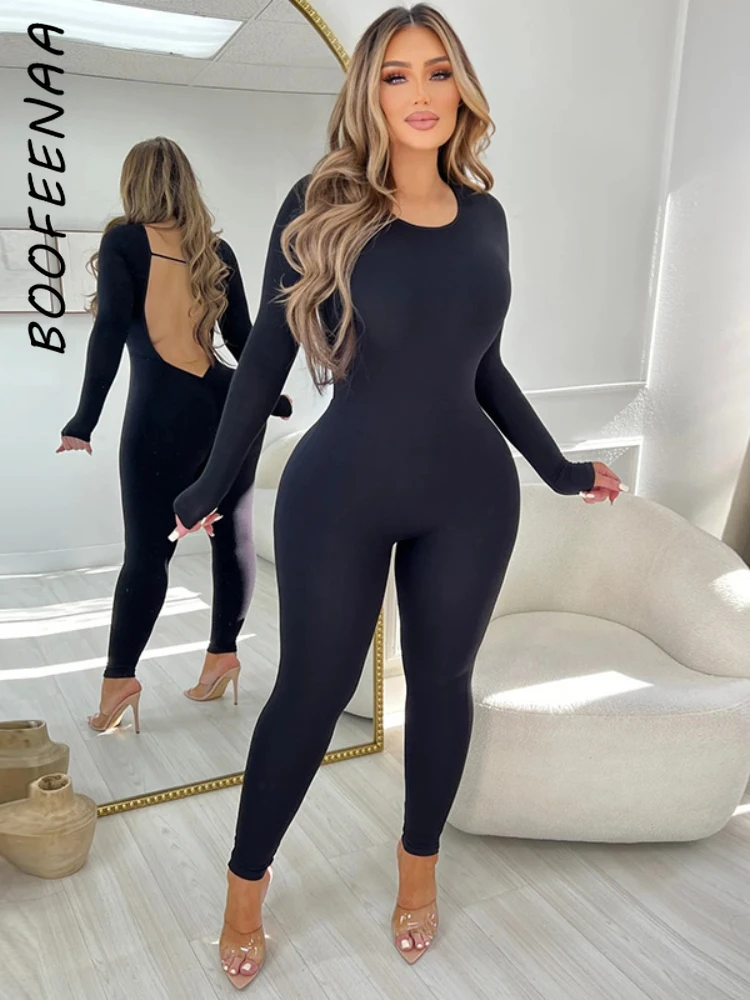 

BOOFEENAA Sexy Long Sleeve Backless Body Con Jumpsuit All Black Baddie Outfits for Woman One Piece Winter Clothes C70-CZ26