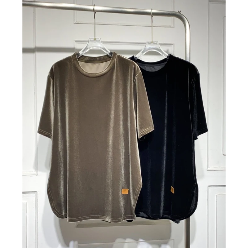 Vintage Short Sleeved Velvet T-shirt for Women Summer New Solid Color Asymmetrical Solid Color Trend Tops Casual Fashion Clothes