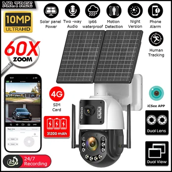 Telecamera di sicurezza solare AOV in metallo 4K 4G SIM Zoom ottico 60X Tracciamento umano 31200 Mah Registrazione 24 ore di sorveglianza esterna domestica