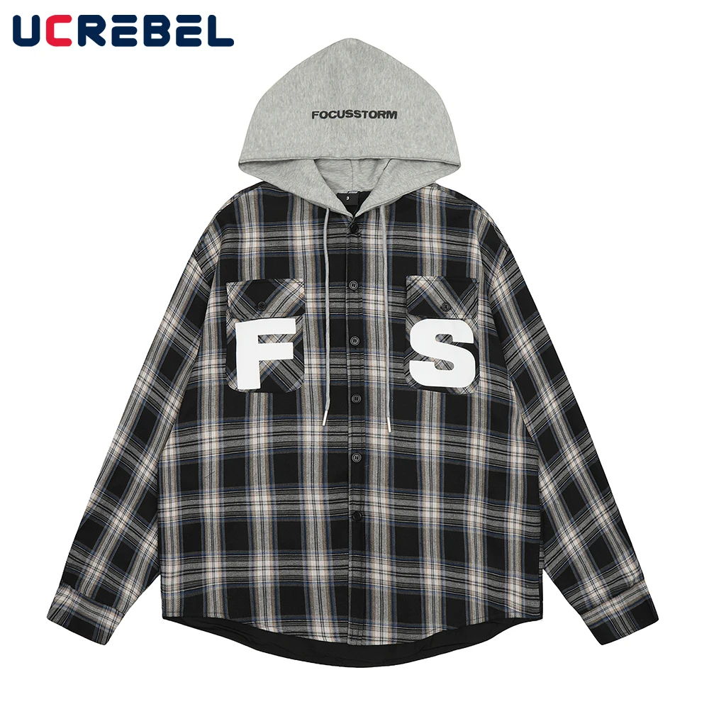 

Streetwear Plaid Long Sleeved Shirt Mens Autumn Loose Casual Contrast Pocket Hooded Outerwear Men