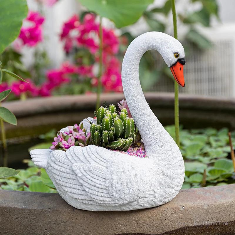 Creative Swan White Flower Pot, Animal Resin Crafts, Courtyard Balcony Garden Layout, Duck Decoration, Outdoor Decoration, 1Pc 2