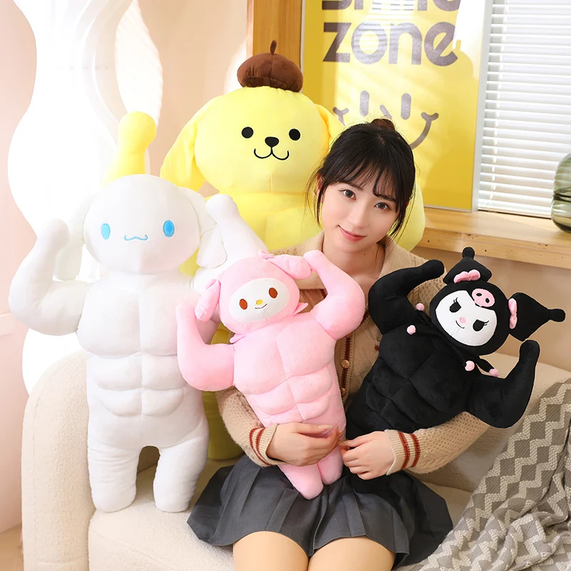 Sanrio Plush Funny Muscle Man Melody Kuromi Cinnamoroll Pom Pom Purin Stuffed Doll Kawaii Room