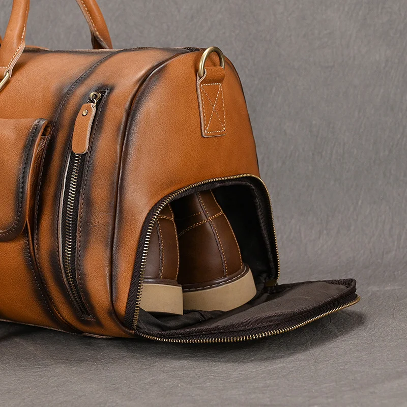 Luufan Men Genuine Leather Travel Bag With Shoes Pocket Retro Real Leather Travel Bag Vegetable Duffel Large Capacity Tote