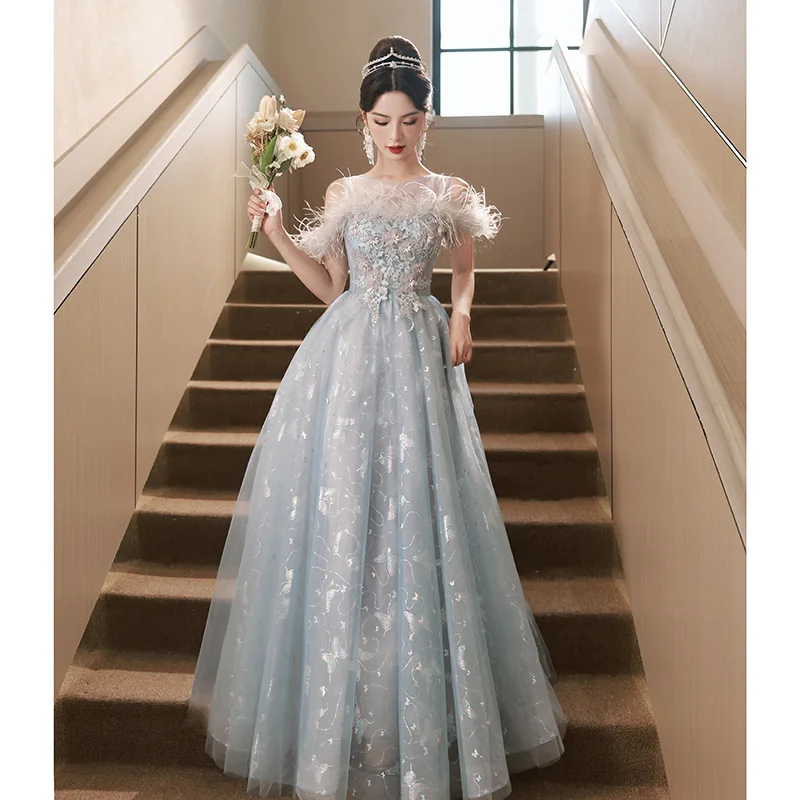 New light blue feather off shoulder lady girl women sweat long party  performance prom dress gown - AliExpress 320