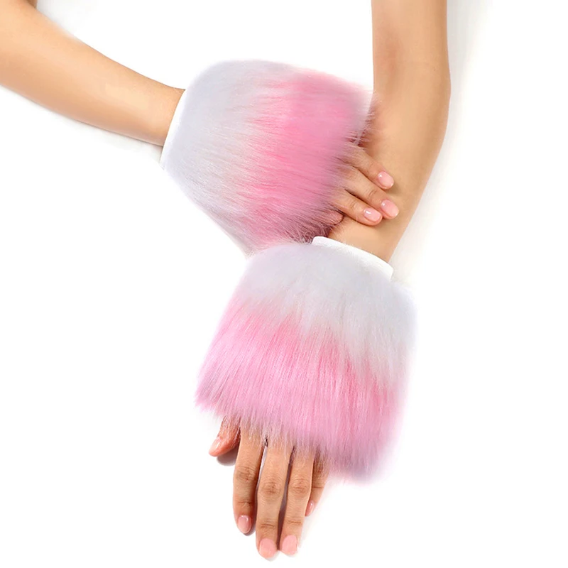 

1 Pair Women Faux Fox Fur Wristband Colorful Winter Warm Cuffs Coat Decoration Y2k Sweet Girls Outdoor Windproof Wrist Protector